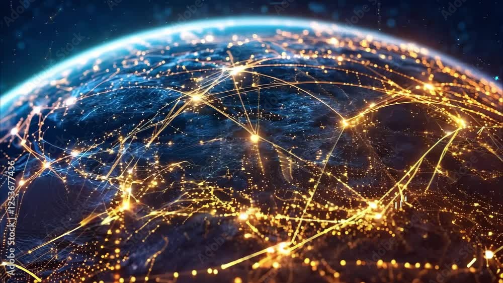 Aufkleber a digital representation of earth highlighting interconnected networks and illuminated cities, symbo