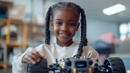 Happy African American junior school kid holding robotic car looking at camera at STEM class. Smiling black child preteen girl posing with robot vehicle. Portrait. Engineering and coding education.