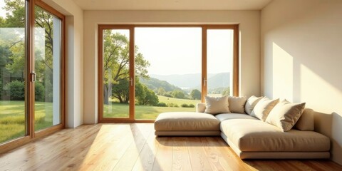 Fototapeta premium Serene Landscape View from Modern Sectional Sofa in Sunlit Room with Hardwood Floor and Large Windows