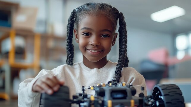 Happy African American junior school kid holding robotic car looking at camera at STEM class. Smiling black child preteen girl posing with robot vehicle. Portrait. Engineering and coding education. - Powered by Adobe