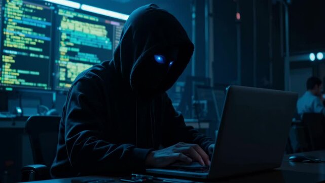 Mysterious hacker in dark room, wearing blue hoodie, works on laptop surrounded by glowing computer screens displaying code.