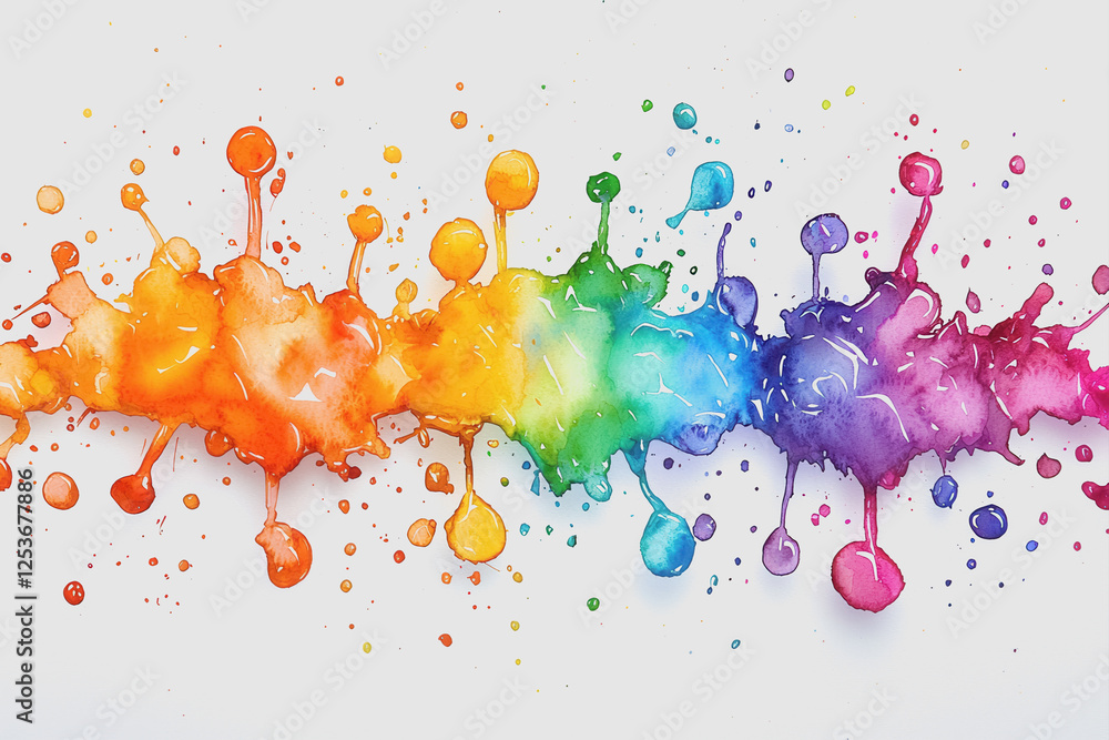 Poster rainbow colored paint splashes on a clean white background creating an artistic abstract design