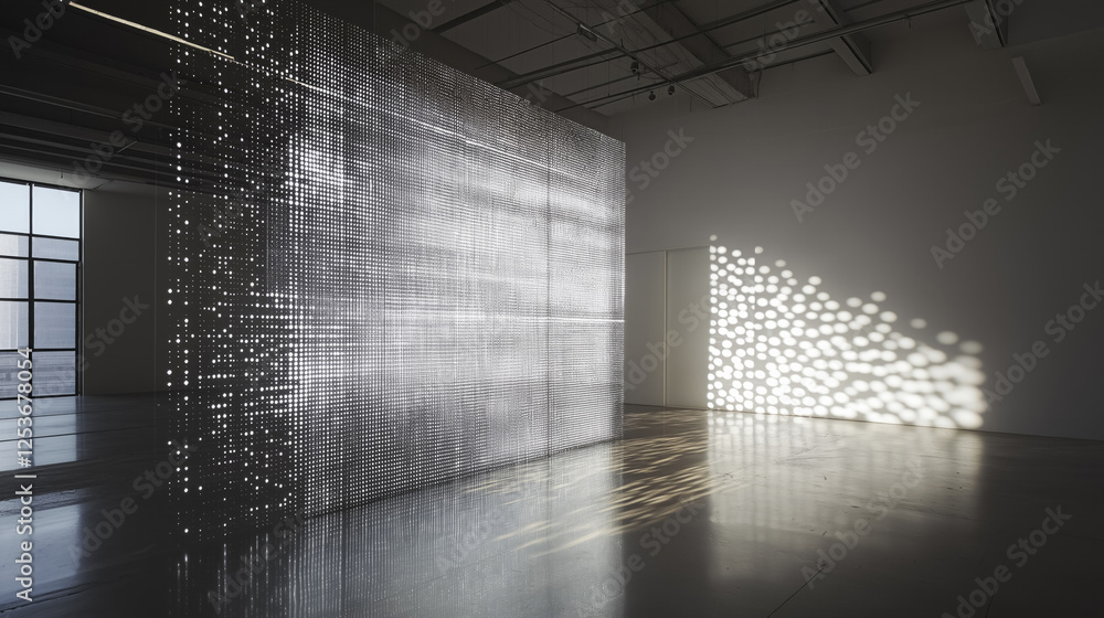 Poster digital dot cascade creates dynamic dance of light and shadow on gallery wall, casting intricate pat