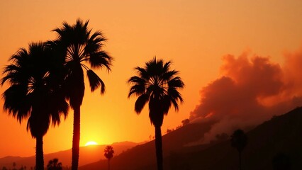 Iconic palm trees silhouetted against an orange sunset in Los Angeles with smoke rising from the hil
