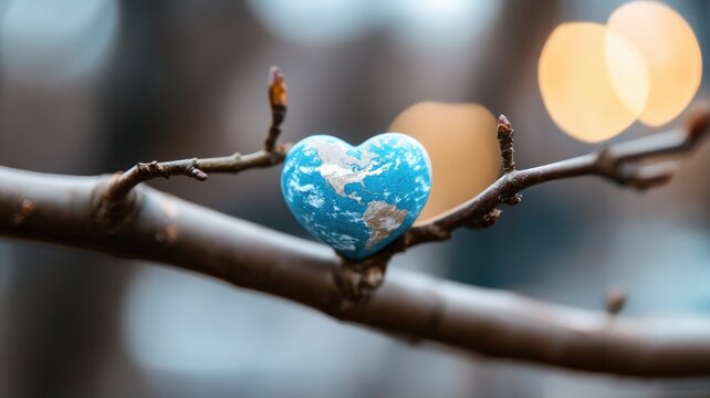 Heart-shaped Earth on branch, symbolizing global love