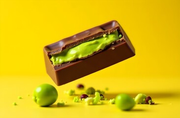 Levitation of Dubai chocolate bars with vibrant green pistachio paste and fresh pistachio on yellow  background

