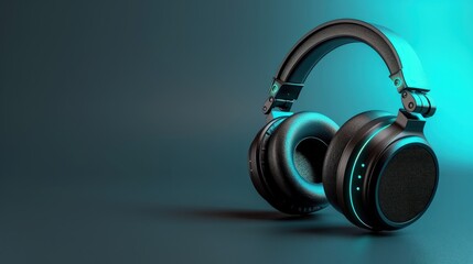 Naklejka premium Black sleek headphones with glowing teal lights on minimalist gradient background. Represents modernity, technology, and simplicity in audio design for music enthusiasts and professionals...