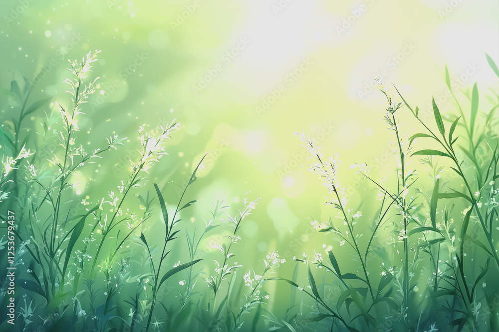 Poster green grass background with a blur effect creating a soft and serene natural environment