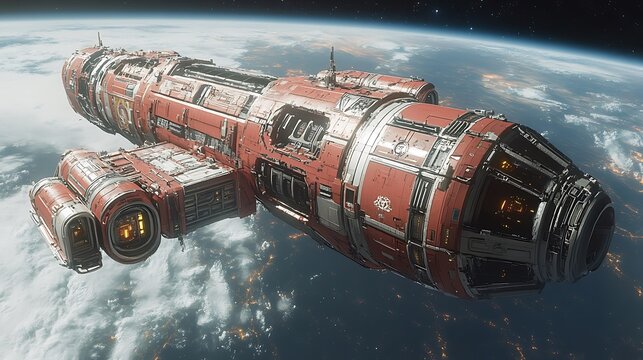 Futuristic spacecraft in low Earth orbit, showcasing intricate design and glowing lights - Powered by Adobe