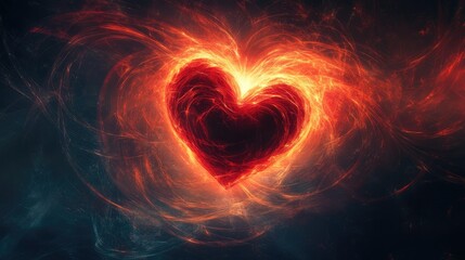 A glowing heart symbol surrounded by swirling flames, representing passion and love.