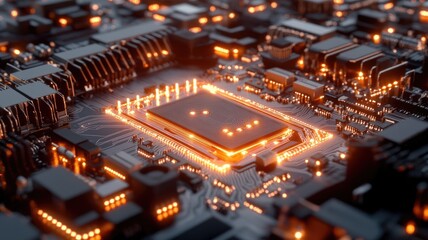 Glowing microchip on circuit board with orange lighting