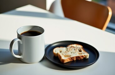 A warm and inviting breakfast scene featuring a steaming cup of freshly brewed coffee paired with golden toasted bread and creamy butter. The setting exudes a cozy and comforting atmosphere
