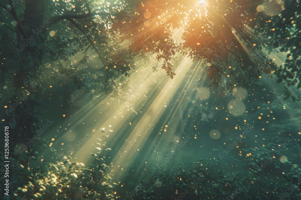 Aufkleber sunlight streaming through lush green trees in dense forest, creating peaceful, magical atmosphere w