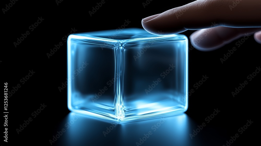 Poster exploring textures, a hand's interaction with glass block, revealing transparency and light