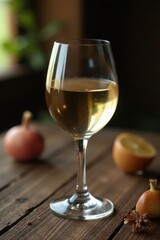 Crystal glass of crisp white wine sits on rustic wooden table, scene, clean, closeup