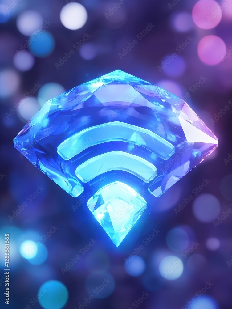 Poster blue wi-fi symbol glowing with blurred bokeh background, representing wireless internet connection a