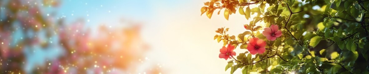 Colorful blossoms and green foliage on the right, softly blurred against a sunlit summer sky.