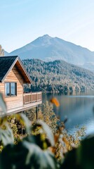 Fototapeta premium Lakeside cabin, mountain view, tranquil escape