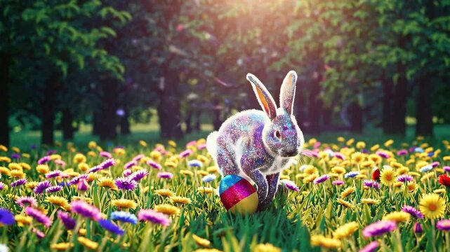 Happy Easter bunny sparkling in spring nature. colorful rabbit. Sparkle glitter texture. Happy easter rabbit in nature