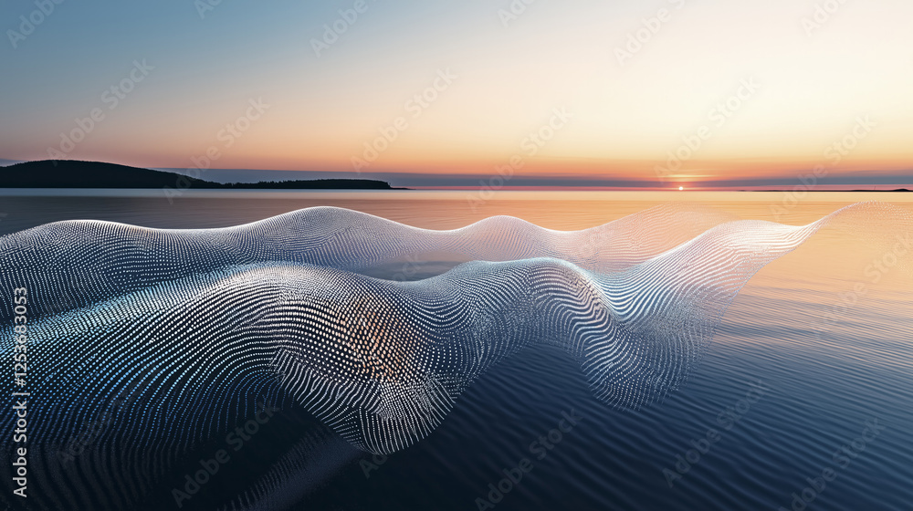 Poster digital dot cascade forms dynamic wave pattern over serene ocean at sunset, creating futuristic and 