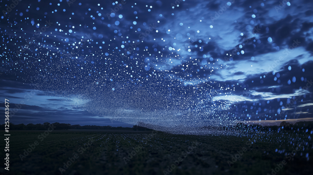 Poster mesmerizing cascade of digital dots illuminates night sky over vast field, creating captivating and 
