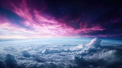 Aerial view of vibrant sunset above clouds, starry night sky