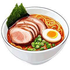 A bowl of spicy ramen with sliced pork, soft-boiled egg, and green onions, transparent background, PNG