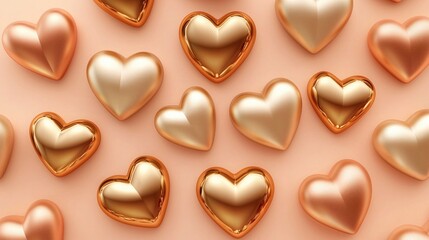Valentine - themed pattern of shiny gold and rose - toned hearts on a soft background for wallpaper and decoration.