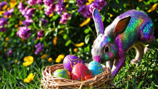 Happy Easter bunny sparkling in spring nature. colorful rabbit. Sparkle glitter texture. Happy easter rabbit in nature