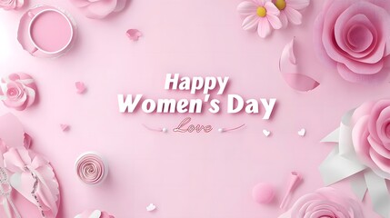 Happy Women's Day, Love. 3D Paper Cut-Style Background with Pink Color Scheme. White Roses, Rings, and Jewelry in Flat Lay on Light Pink Background. 