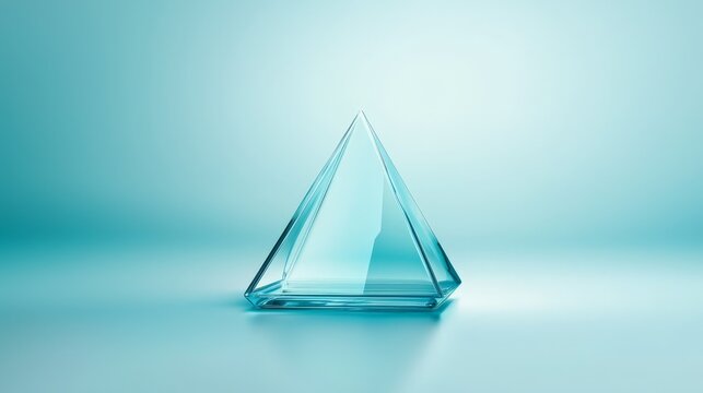 Luminous glass pyramid on vibrant blue, a study in modern architectural design, geometric transparency, and abstract art