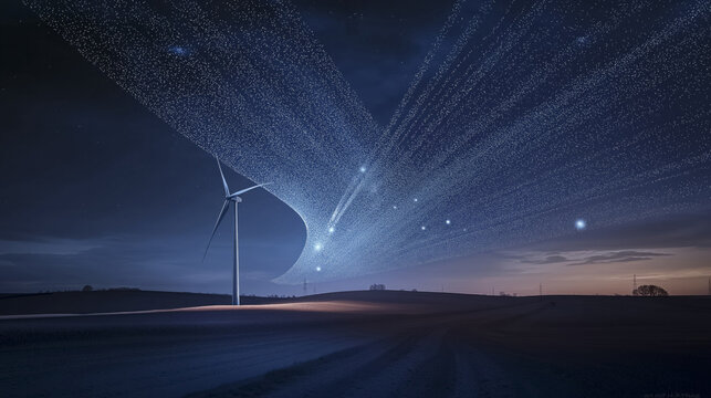 digital cascade of dots forms wind turbine against night sky, creating futuristic and serene landscape. scene captures essence of renewable energy and technological advancement