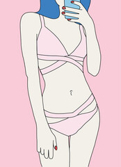 Digital Vector Illustration of a Slim Pale Woman with Blue Hair Wearing a Fashion Bikini Swimsuit Beachwear Taking a Summer Style Mirror Selfie on Pink Background