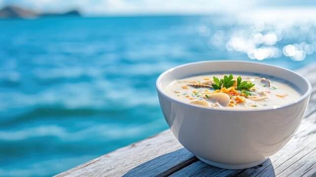 Bowl of creamy seafood chowder by ocean on sunny day