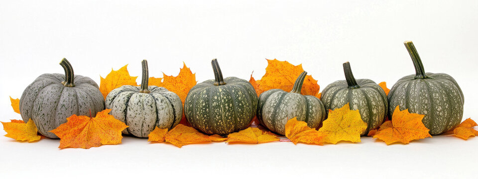Row of green pumpkins surrounded by vibrant autumn leaves, showcasing a serene fall harvest scene.