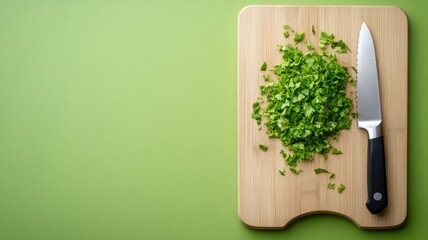 Chopped green herbs and knife on wooden cutting board
