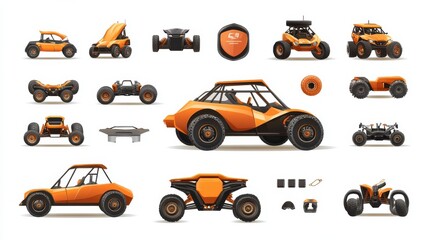 Fototapeta premium Buggy car. Vector terrain vehicle, dune buggy and accessory, spare part illustration on white background. Set of different motor car auto transport for extreme off-road rally sport competition