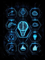 Obraz premium Digital blue light bulb, brain and gear icons on a hexagonal shape roadmap in black color. Concept of creative imagination, intelligence, brainstorming ideas, and solutions for bus