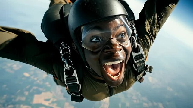 Adrenaline fueled african american skydiver plummeting through sky, screaming with pure excitement while experiencing breathtaking freefall adventure.