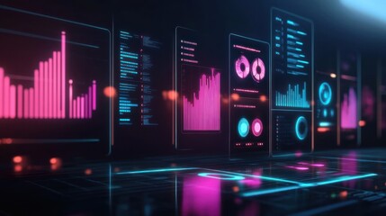 Futuristic digital dashboard displays data analytics, graphs, and charts.