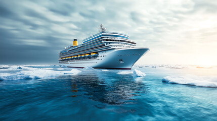 A large cruise ship sails through the icy waters of the ocean, surrounded by floating sheets of ice. Cruise ship sails navigating through the frigid

