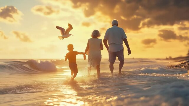 Seaside sunset capturing warm family moments, grandparents walking with grandchild along golden shoreline, sharing peaceful connection and tender embrace of generational love.