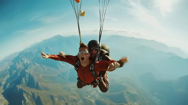 Two skydivers, securely attached, enjoy a thrilling descent, their outstretched arms embracing the vast expanse of the sky and the breathtaking view of the mountains below.