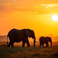 Fototapeta premium An elephant family walking through the African savanna at sunset, golden light, peaceful and serene atmosphere, wildlife photography -3-