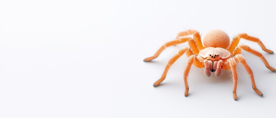 A close-up of a unique orange spider on a minimalist white background, showcasing its intricate features.