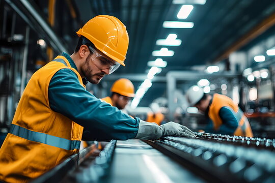 Industrial worker inspecting production line in factory