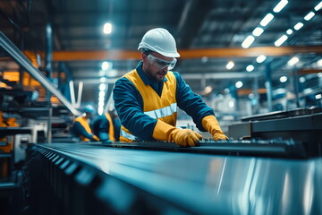 Industrial worker assembling metal parts on conveyor belt in factory