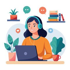 Woman in headphones, studying at laptop. Happy female student watching business webinar. Video conference call, remote work communication. Flat vector illustration isolated on white background