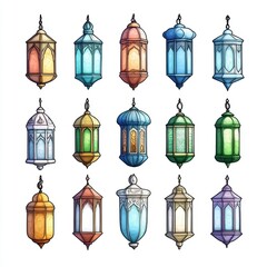 Obraz premium A vibrant collection of decorative lanterns in various colors and styles, showcasing intricate designs and glass patterns.