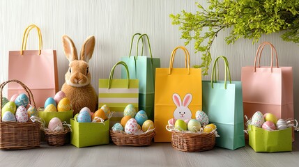 easter party favors. Colorful Easter decorations with baskets and a plush bunny.